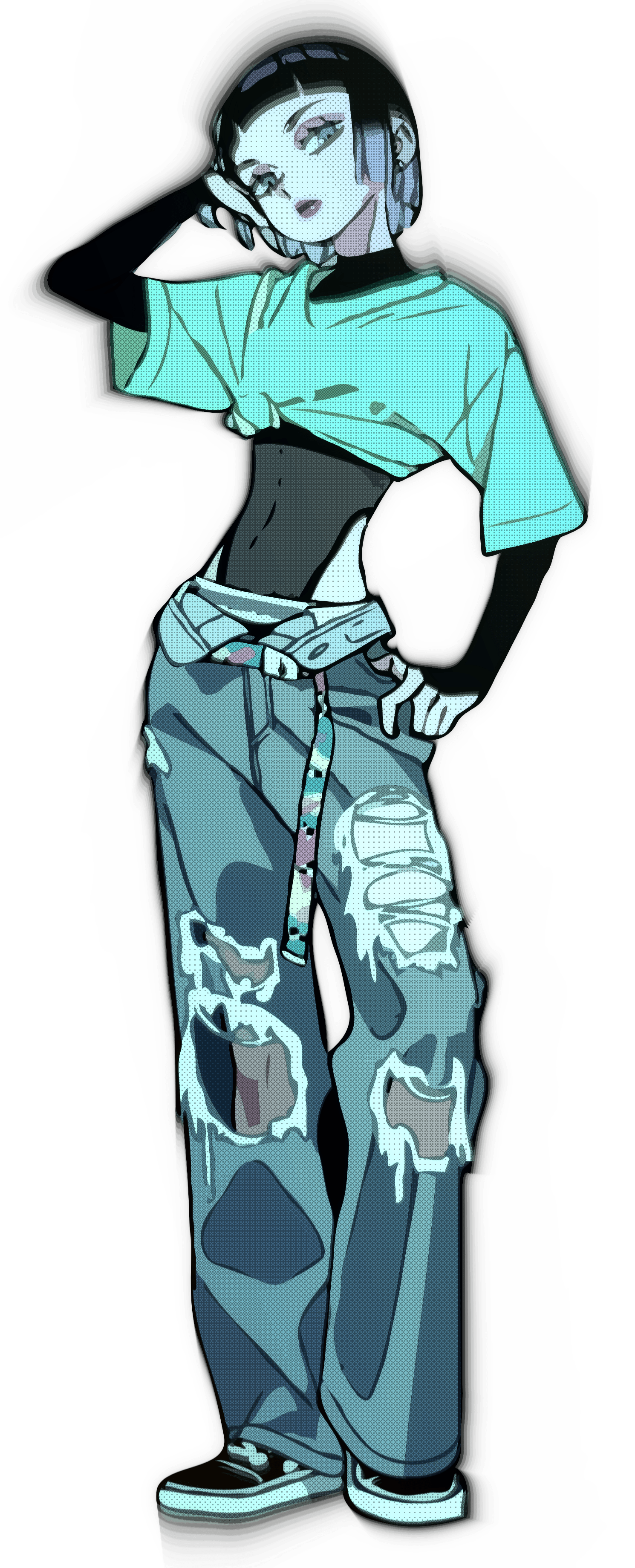 An illustration of a person with short hair and bangs wearing a light blue crop top, high-waisted ripped jeans, and sneakers.